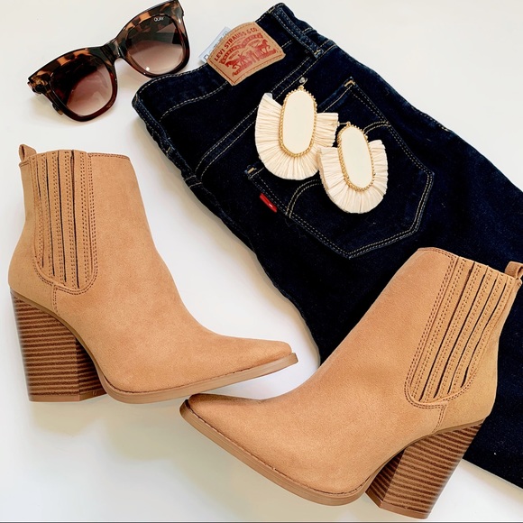 Qupid Slay Tan Vegan Suede Pointy Toe Booties - Picture 2 of 6